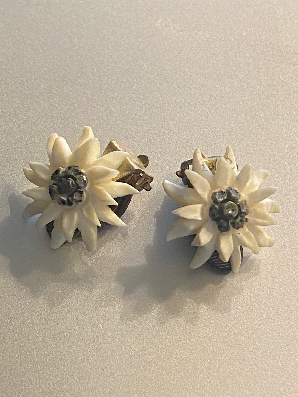 Antique edelweiss celluloid Flower Clip-On Earrings with rhinestone middle